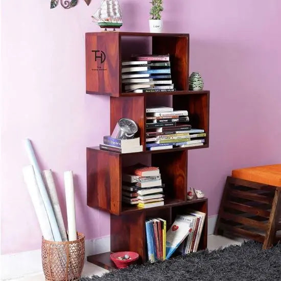 Solid Sheesham Wood Four Tier Zig Zag Bookcase Honey