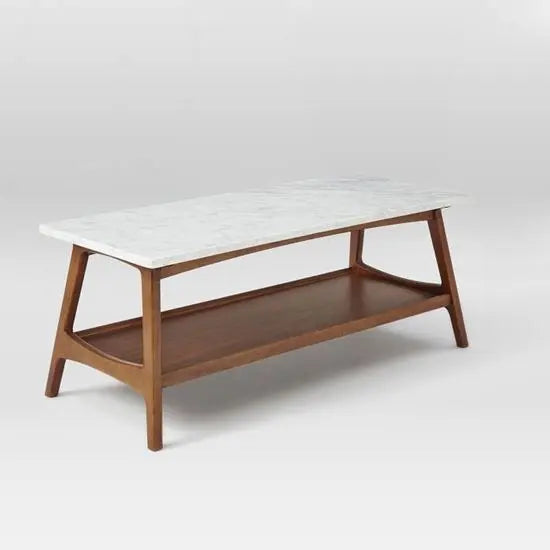 Solid wood and white marble top rectangular Marbi tappa coffee table.