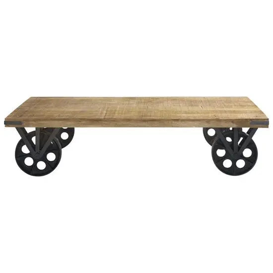 distressed solid mango wood top and metal movable wheels Rectangular samveiga veelo coffee table.