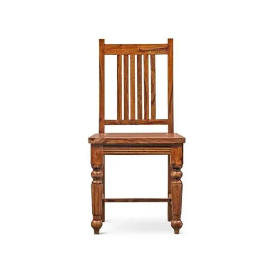 A single vintage wooden chair with a vertical slatted backrest and a flat seat, displayed against a white background.