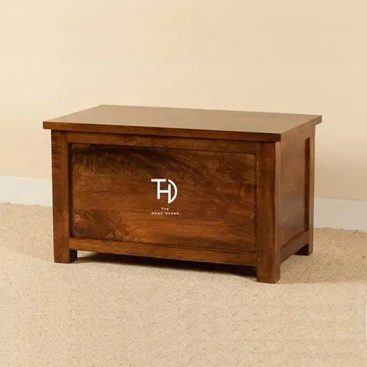 A solid wooden storage box, presented in a natural wood finish.