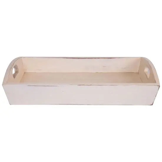 A beige rectangular serving tray with slightly raised edges in white distress finish.
