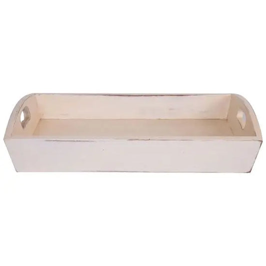 A beige rectangular serving tray with slightly raised edges in white distress finish.