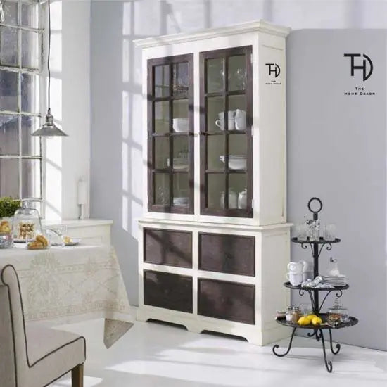 Two Door Four Drawer Rustic Crockery Cabinet White made in Solid Mango Wood. This Crockery Almirah Specially Design For Keeps Crockery Items.