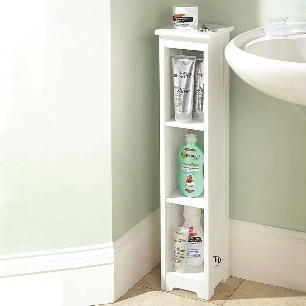 A white Mdf bathroom shelf with multiple shelves.