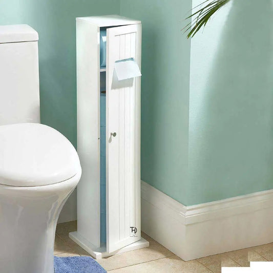 A white vertical toilet paper holder made in Mdf.