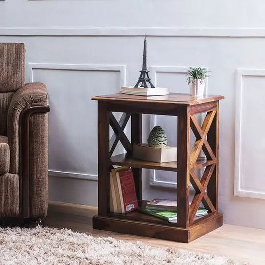 Solid Sheesham Wood Side X Design Accent End Table.