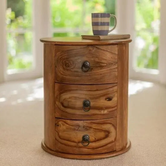 Solid Wood Three Drawer Acropolis Round Side End Table.