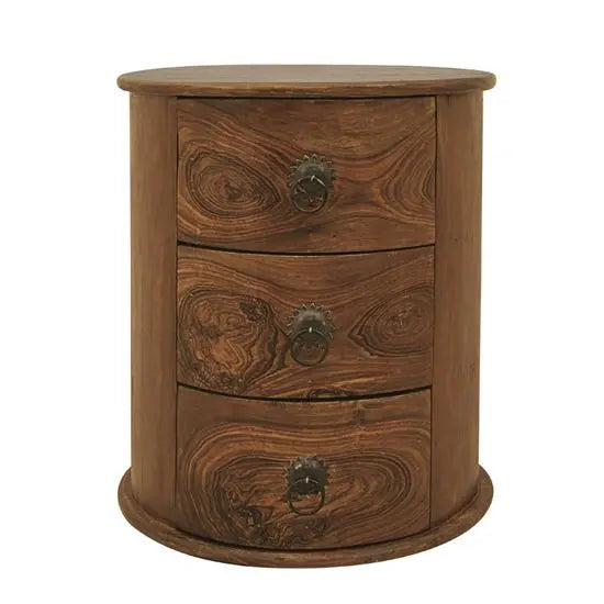 Three Drawer Acropolis Round Side End Table Made in Solid Sheesham Wood.