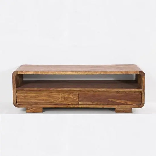 A handcrafted brown Sheesham wood TV unit with two drawers and a lower shelf.
