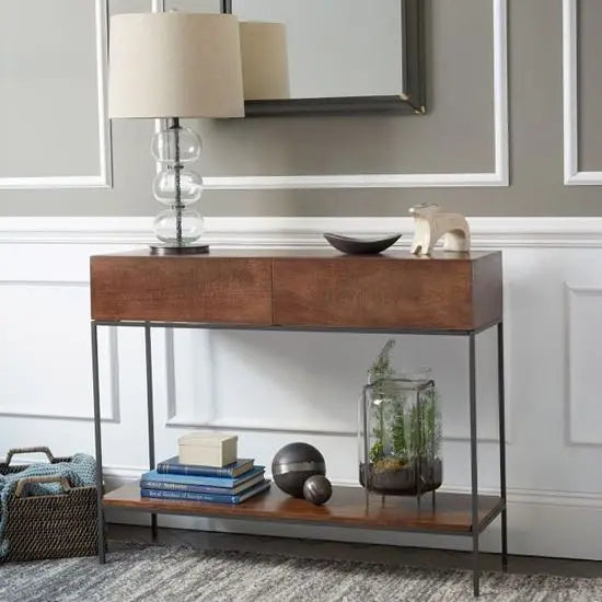 Mango Wood Industrial Console Table Honey With Metal Frame.