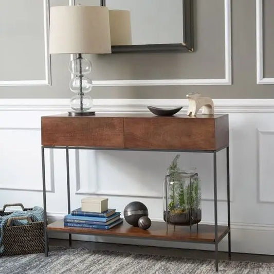 Mango Wood Industrial Console Table Honey With Metal Frame.