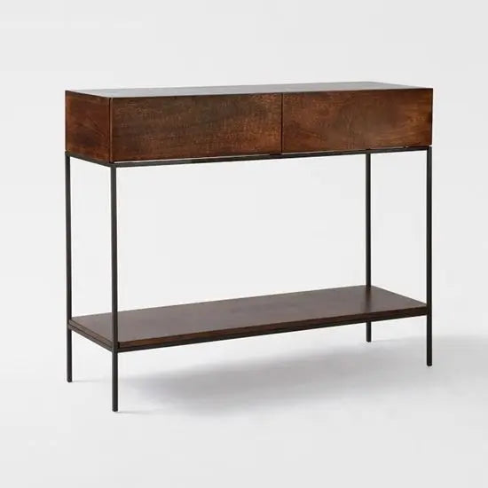 Mango Wood 2 Drawer 1 Shelf Industrial Console Table Honey.