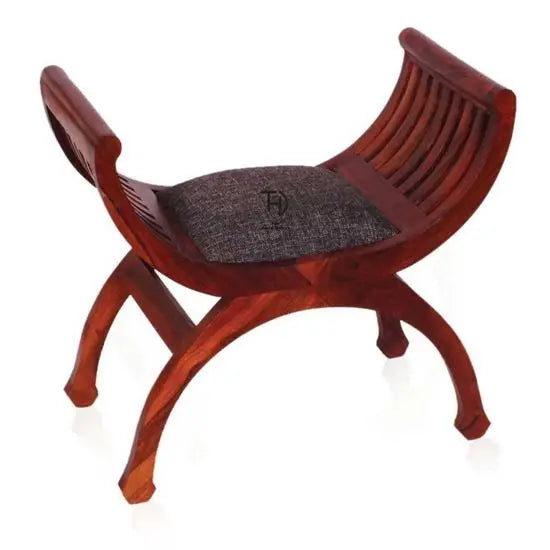 A handcrafted wooden bench with a single-seater design.