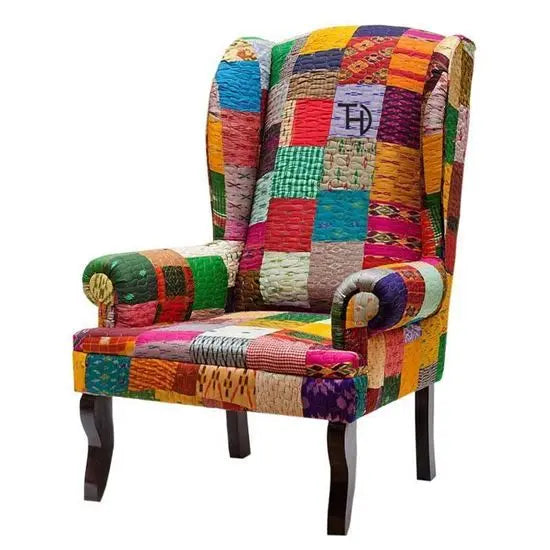 Multi colour silk patchwork wing chair