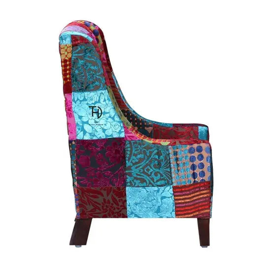 A colorful patchwork fabric kids sofa.