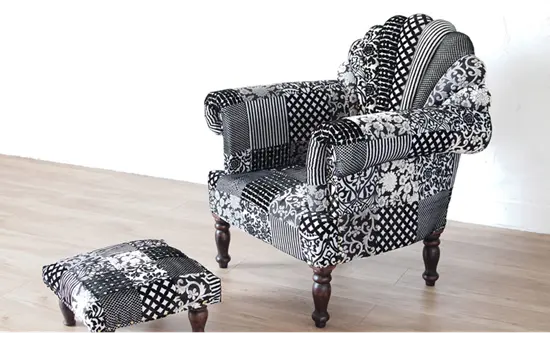 Hand-made on solid Sheesham wood with a walnut finish and assorted patchwork family fabric.