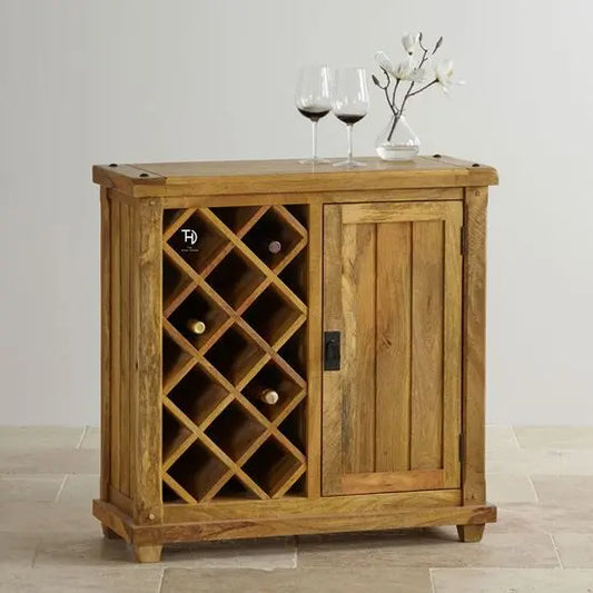 One Door and Bottle Rack Devi Solid Wood Bar Cabinet Made in Solid Mango Wood.