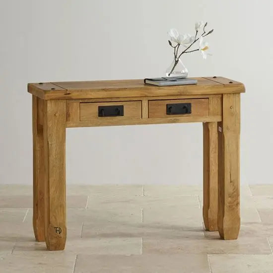 A rectangular console table made of mango wood with two drawers and metal handles.
