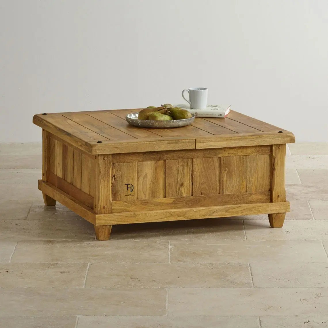 Solid mango wood Square top low height storage Devi coffee table.