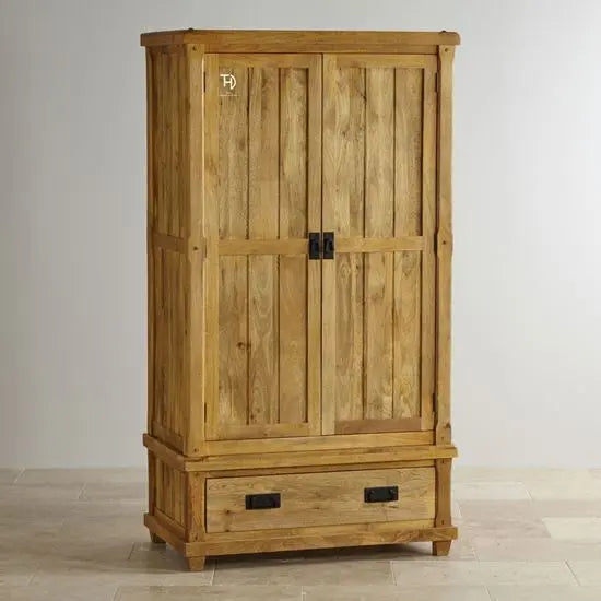 A wooden wardrobe with two doors and one drawer, featuring metal handles and a solid color.