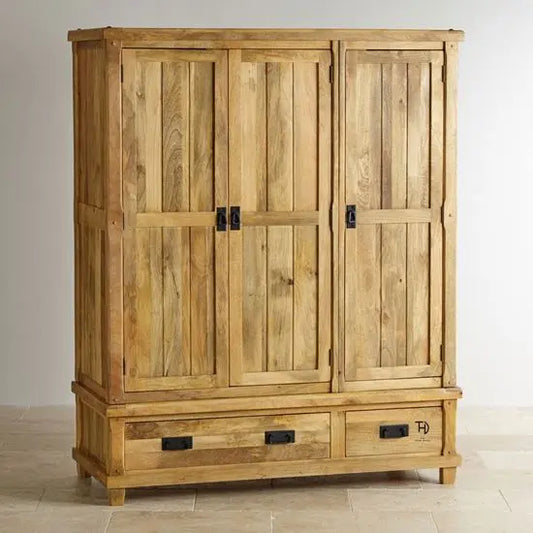 A wooden three-door wardrobe with three drawers, featuring a natural mango wood finish.