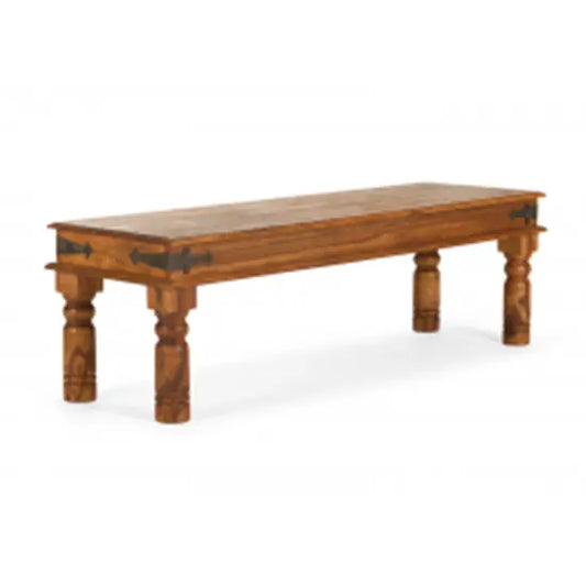 A vintage dining bench with a small rectangular tabletop and carved wooden legs. Three seater dining bench.