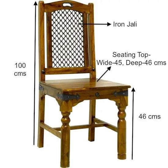 Traditional dining chair with metal jali.