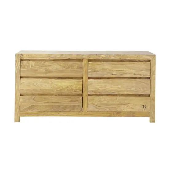 A brown wooden chest of drawers with Six multiple compartments. Made in Sheesham wood, made in India.