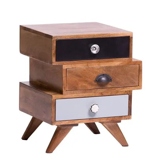 Three Drawer Zigzag Enkel Solid Wood Bedside Table Made in Solid Mango Wood.