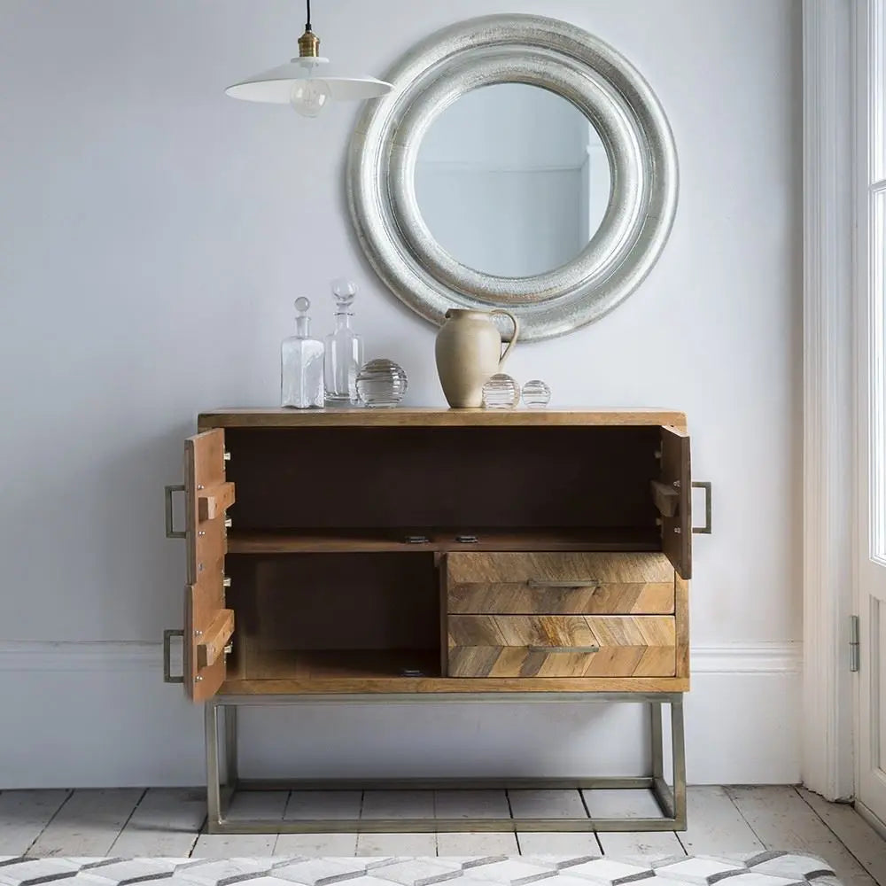 Wooden and Metal Frame Three Door and Two Drawer Herringbone sideboard with geometric pattern.