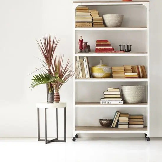 Solid Wood and Metal Frame With Wheels Five Shelf Rolling Wheel Bookcase.