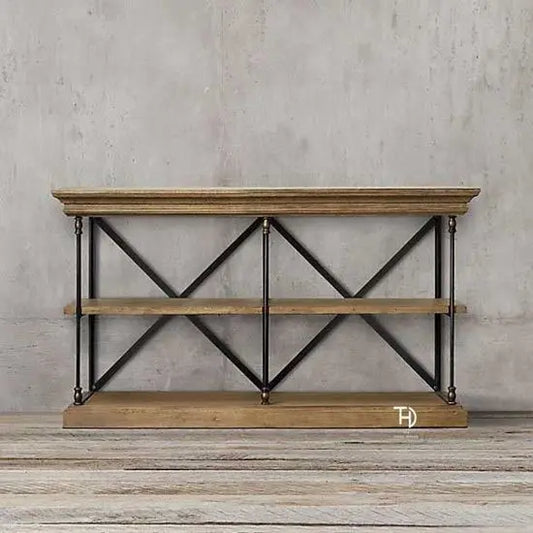 A rectangular Daina console table with a solid wood top and metal frame, featuring two shelves, a Traditional look console table.