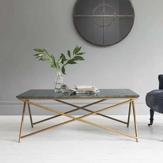 Banswara green marble and Gold coated metal frame Marbi cyna coffee table.
