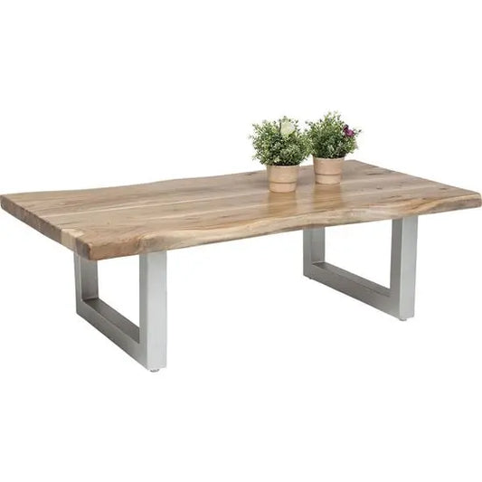 A rectangular acacia wood live edge coffee table with silver metal legs.