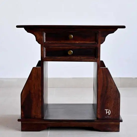 Two Drawer One Big Shelf and Two Side Pocket Shelf Murlee Magazine Stand Made in Solid Sheesham Wood.