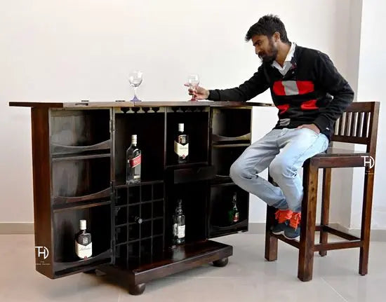 Two Door One Drawer and Bottle Rack Vintage Brass Bar Cabinet Made in Solid Sheesham Wood.