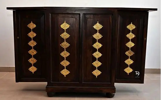 Solid Wood Two Door and One Drawer inside Vintage Brass Bar Cabinet.