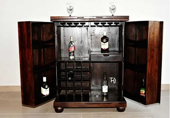 Solid Sheesham Wood Two Door Vintage Brass Bar Cabinet.
