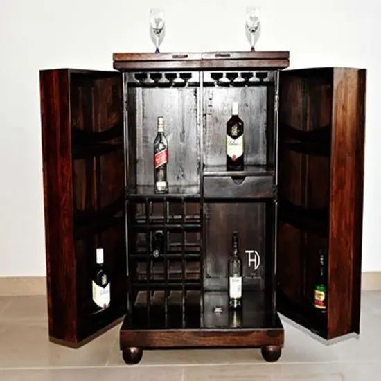Wooden Two Door Vintage Brass Bar Cabinet.