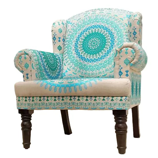 Decorative armchair with turquoise and beige pattern on a white background
