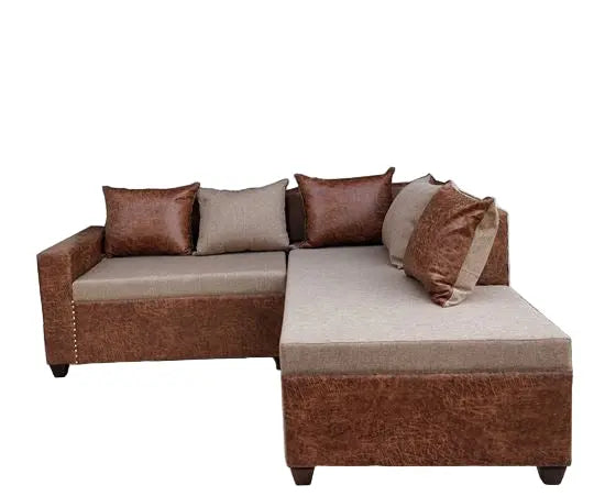 Brown and beige sectional sofa with patterned cushions. we manufacture L shape sofa as per customer size.