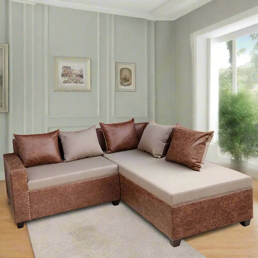 An L-shaped brown sofa with multiple cushions, appears to be made of fabric and wood, displayed in a clean indoor setting.
