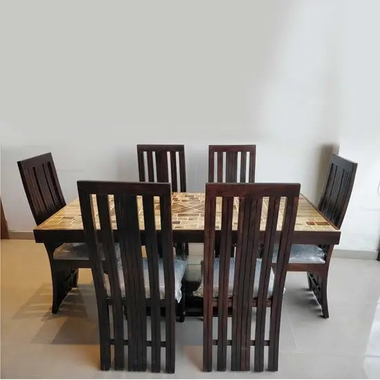 Epoxy Dining Set, One Six Seater Dining Table And Six Dining Chair. Made in Solid Sheesham Wood, Upholstery Work on Dining Chairs.