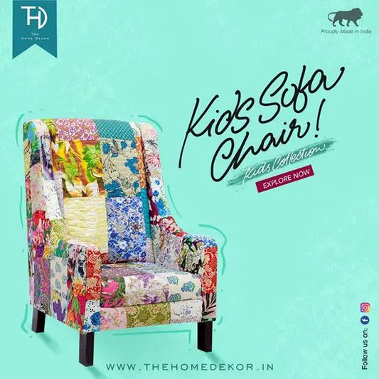 A colorful patchwork fabric covered kids sofa with a sturdy wooden structure.