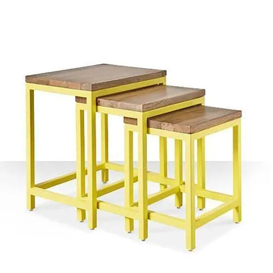 Bois Nesting Table Set 3 Pcs Made in Solid Mango Wood Top and Metal Frame.