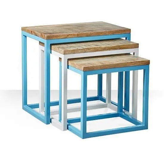 Solid Wood and Metal Frame Distress Top Boisdale Nesting Table Set 3 Pcs.