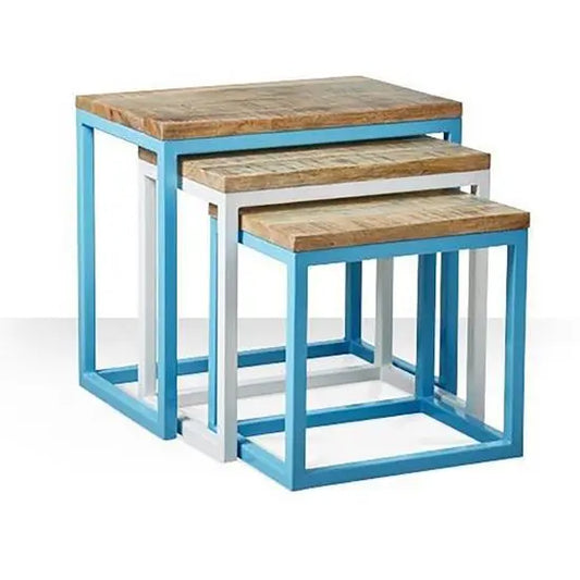 Distress Top Boisdale Nesting Table Set 3 Pcs Made in Solid mango Wood and Metal Frame.