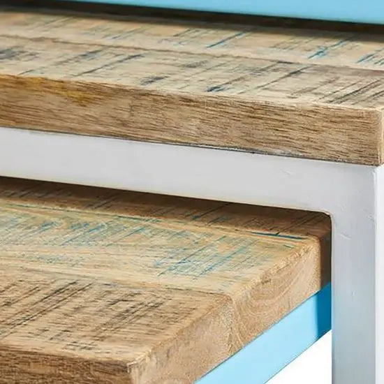 Solid Mango Wood and Metal Distress Top Boisdale Nesting Table Set 3 Pcs.