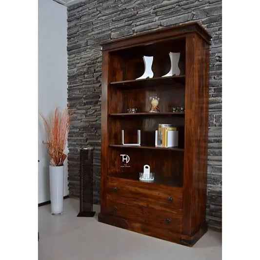 Two Drawer Four Shelf Vintage Bookshelve Made in Solid Sheesham Wood.